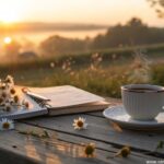 imagem de um amanhecer acolhedor com uma xícara de café, flores e um caderno sobre a mesa