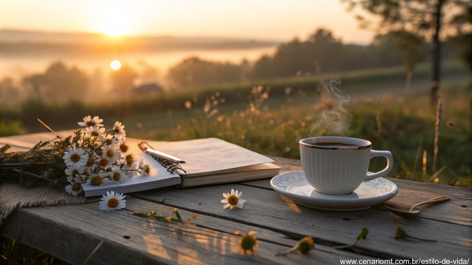imagem de um amanhecer acolhedor com uma xícara de café, flores e um caderno sobre a mesa