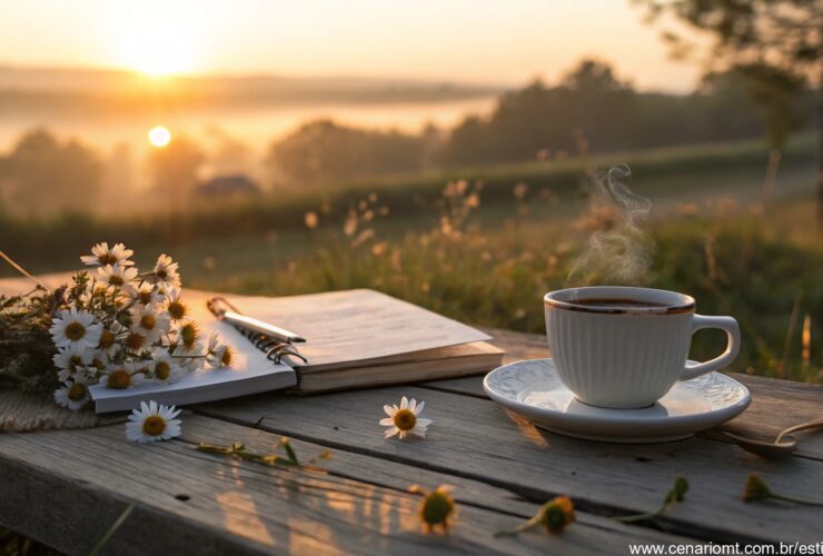 imagem de um amanhecer acolhedor com uma xícara de café, flores e um caderno sobre a mesa