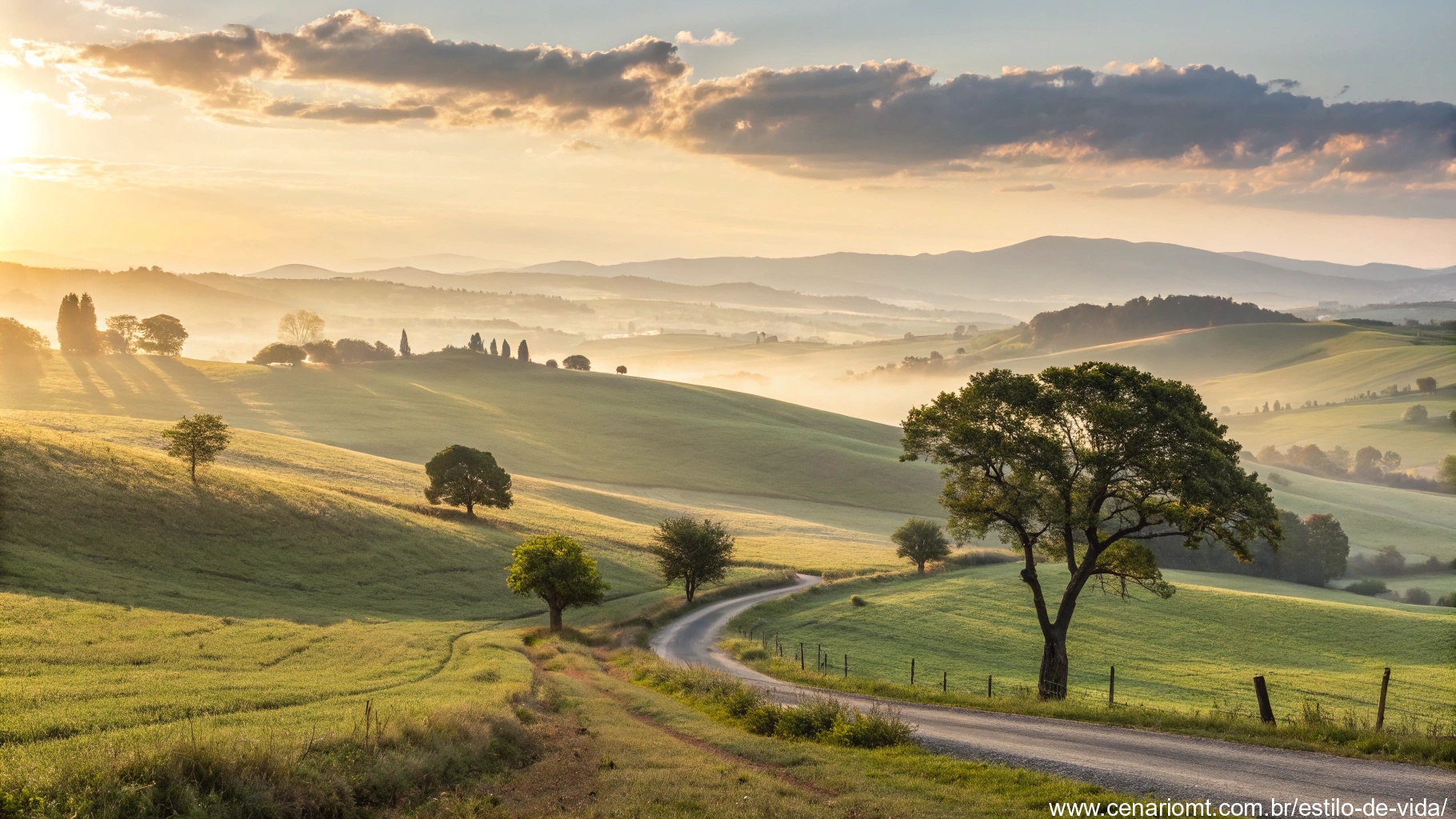 Imagem de um amanhecer inspirador com luz dourada sobre o campo, perfeito para começar a quarta-feira.