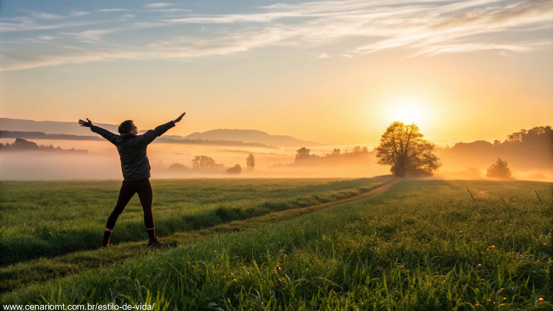 Imagem de um amanhecer sereno com uma pessoa alongando-se em direção ao sol em um campo verde, representando motivação e otimismo.