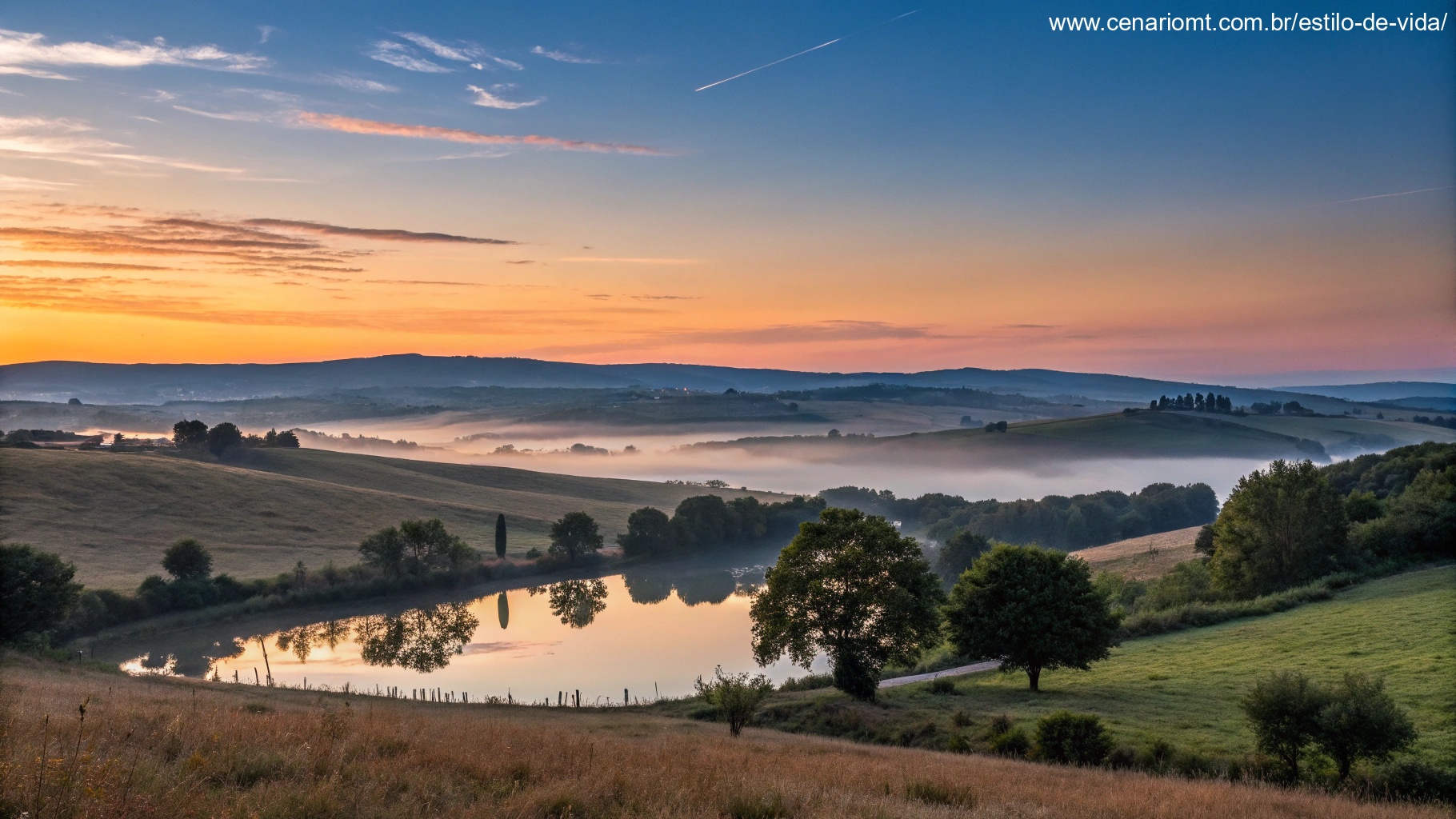 Imagem de um amanhecer sereno no campo, com tons dourados iluminando a paisagem.