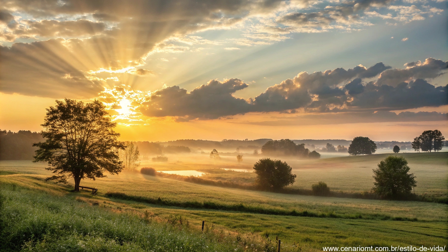 imagem de um amanhecer sereno com raios de sol dourados em um campo tranquilo