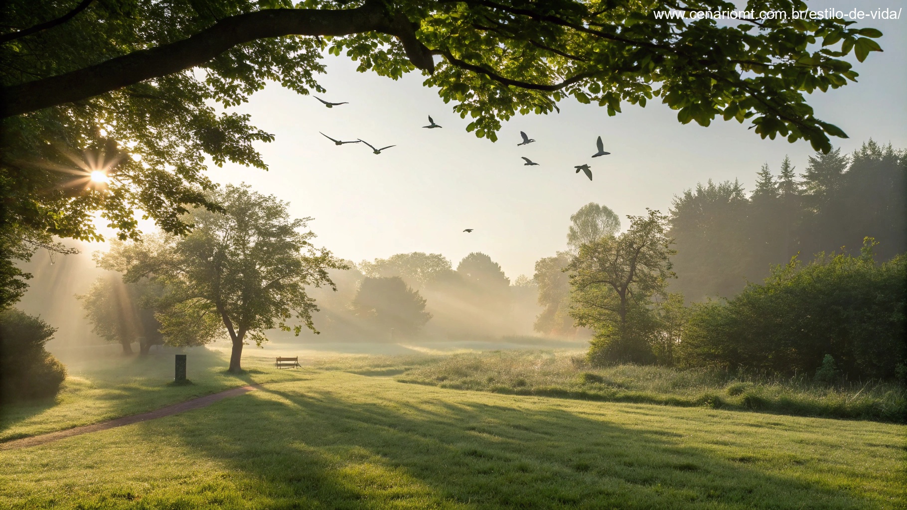 imagem de um amanhecer sereno com luz suave e árvores em um jardim tranquilo