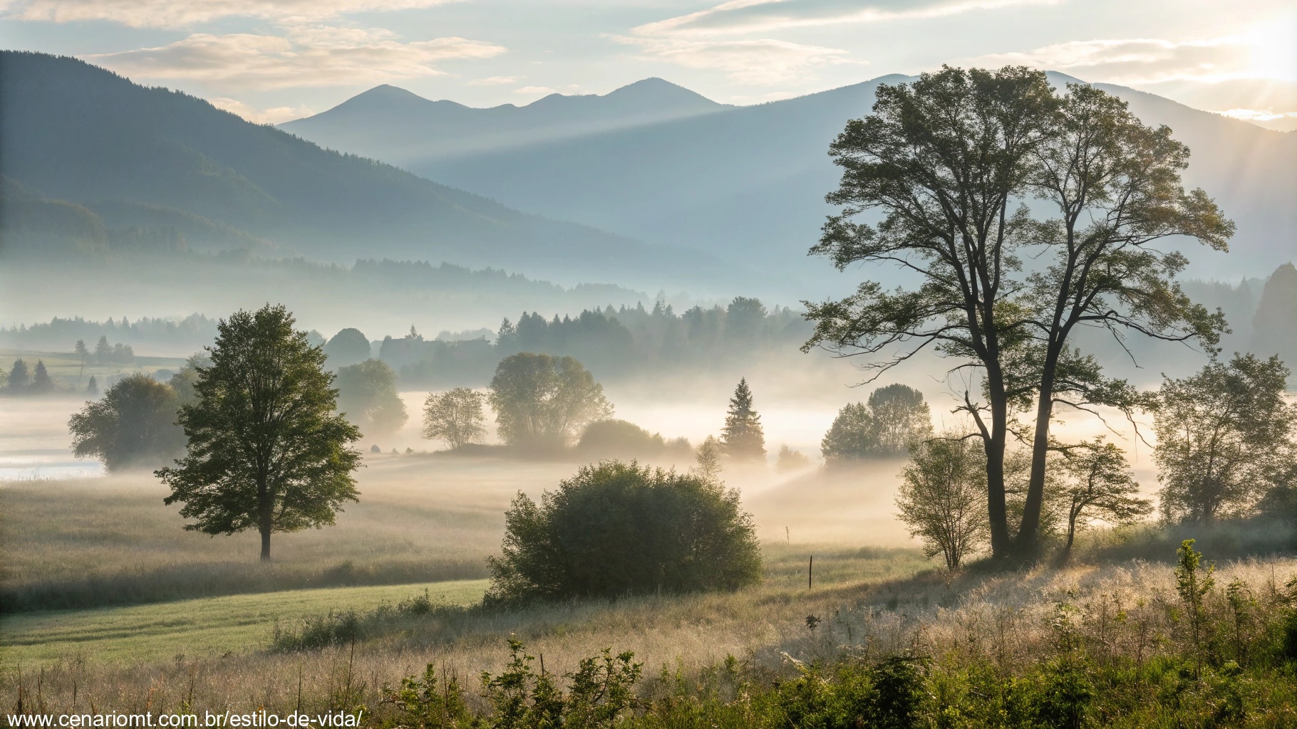 Amanhecer tranquilo com luz suave e paisagem natural, simbolizando paz e novos começos.