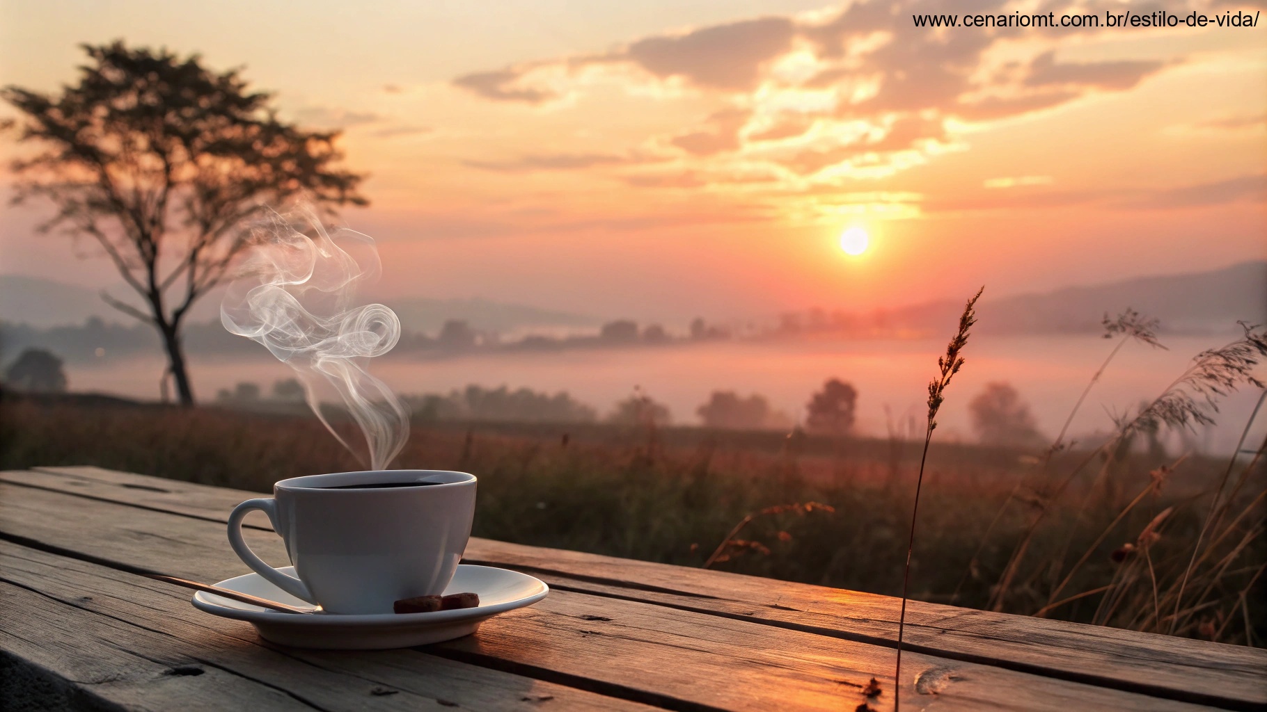 Imagem de um amanhecer sereno com uma xícara de café em uma mesa de madeira, simbolizando carinho e positividade.