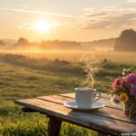 imagem de um amanhecer sereno com uma xícara de café e flores em uma mesa de madeira, simbolizando carinho e positividade
