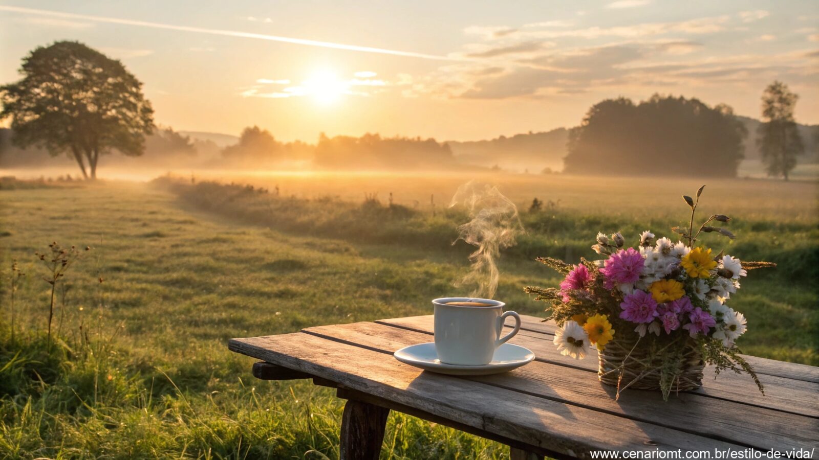 imagem de um amanhecer sereno com uma xícara de café e flores em uma mesa de madeira, simbolizando carinho e positividade