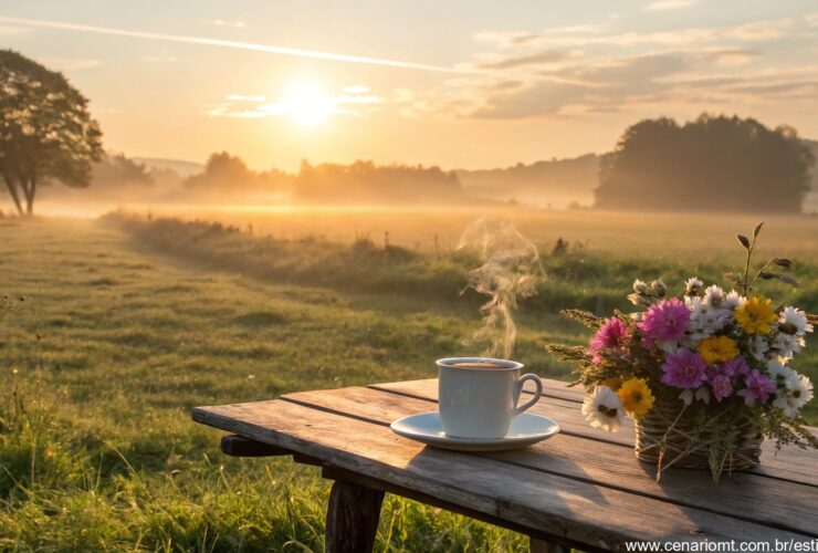 imagem de um amanhecer sereno com uma xícara de café e flores em uma mesa de madeira, simbolizando carinho e positividade