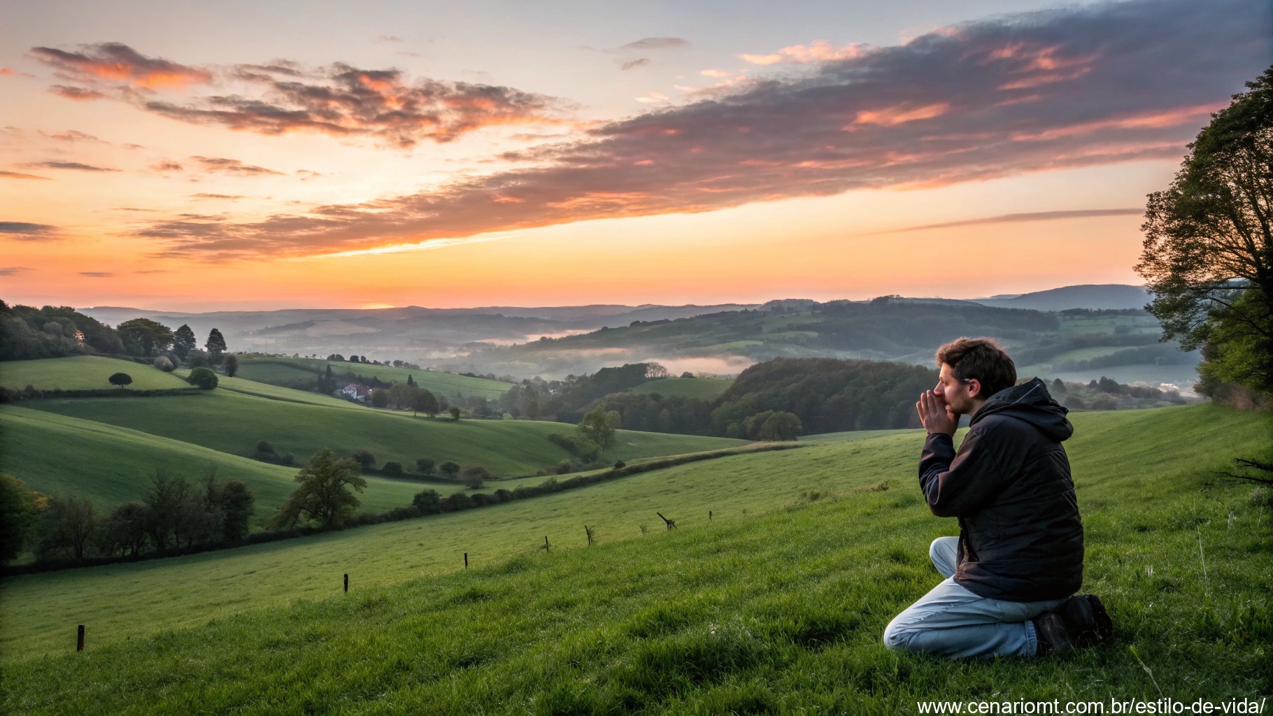 imagem de um amanhecer tranquilo no campo, perfeito para refletir e orar