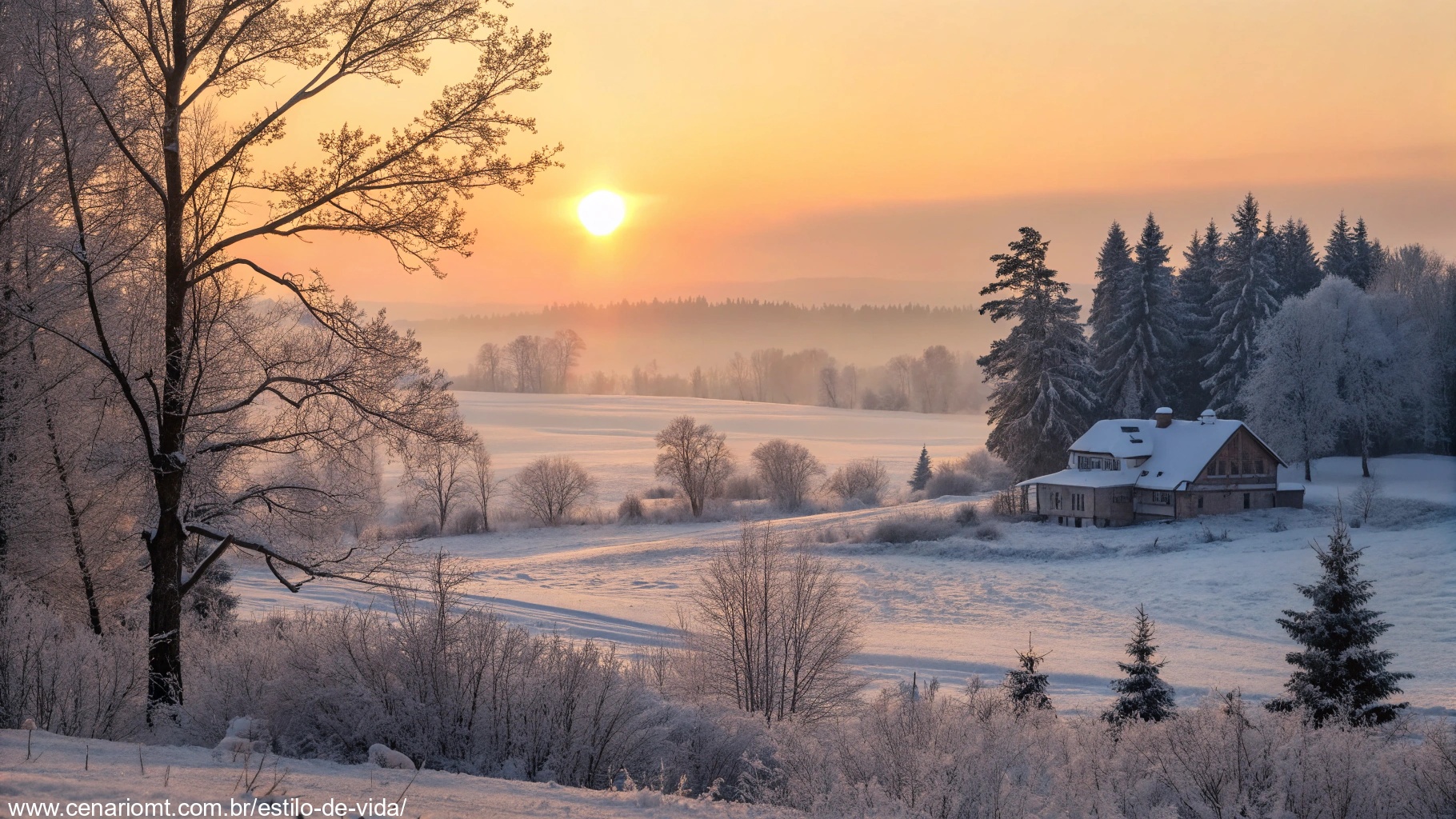Imagem de um amanhecer natalino tranquilo com neve, árvores decoradas e uma atmosfera de paz.