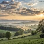 Imagem de um amanhecer tranquilo em uma paisagem campestre com luz suave do sol
