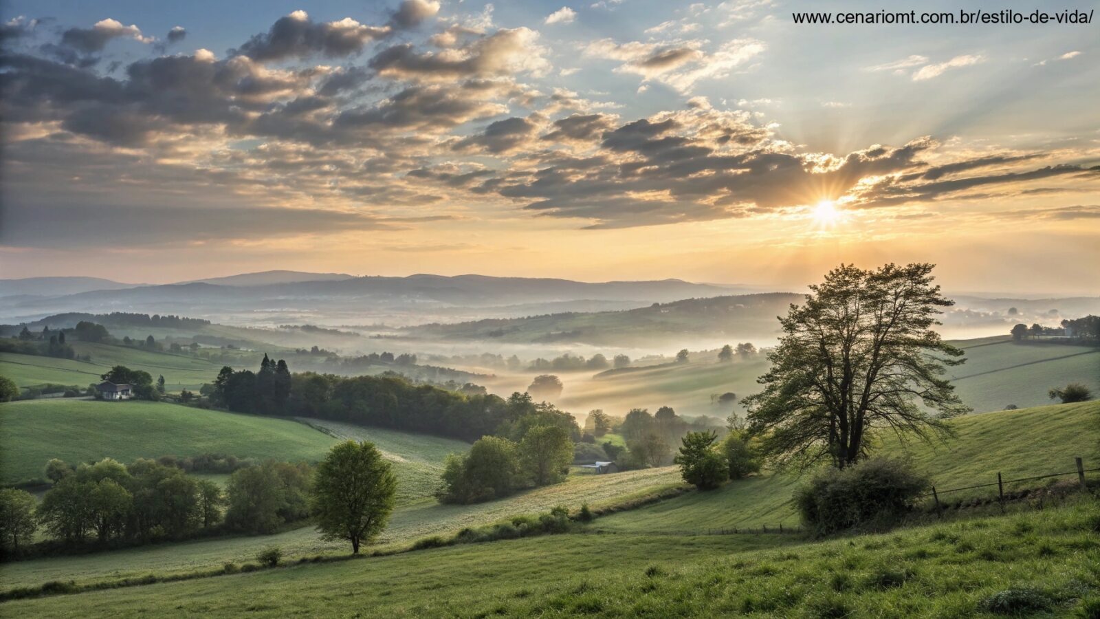 Imagem de um amanhecer tranquilo em uma paisagem campestre com luz suave do sol