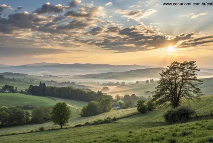 Imagem de um amanhecer tranquilo em uma paisagem campestre com luz suave do sol