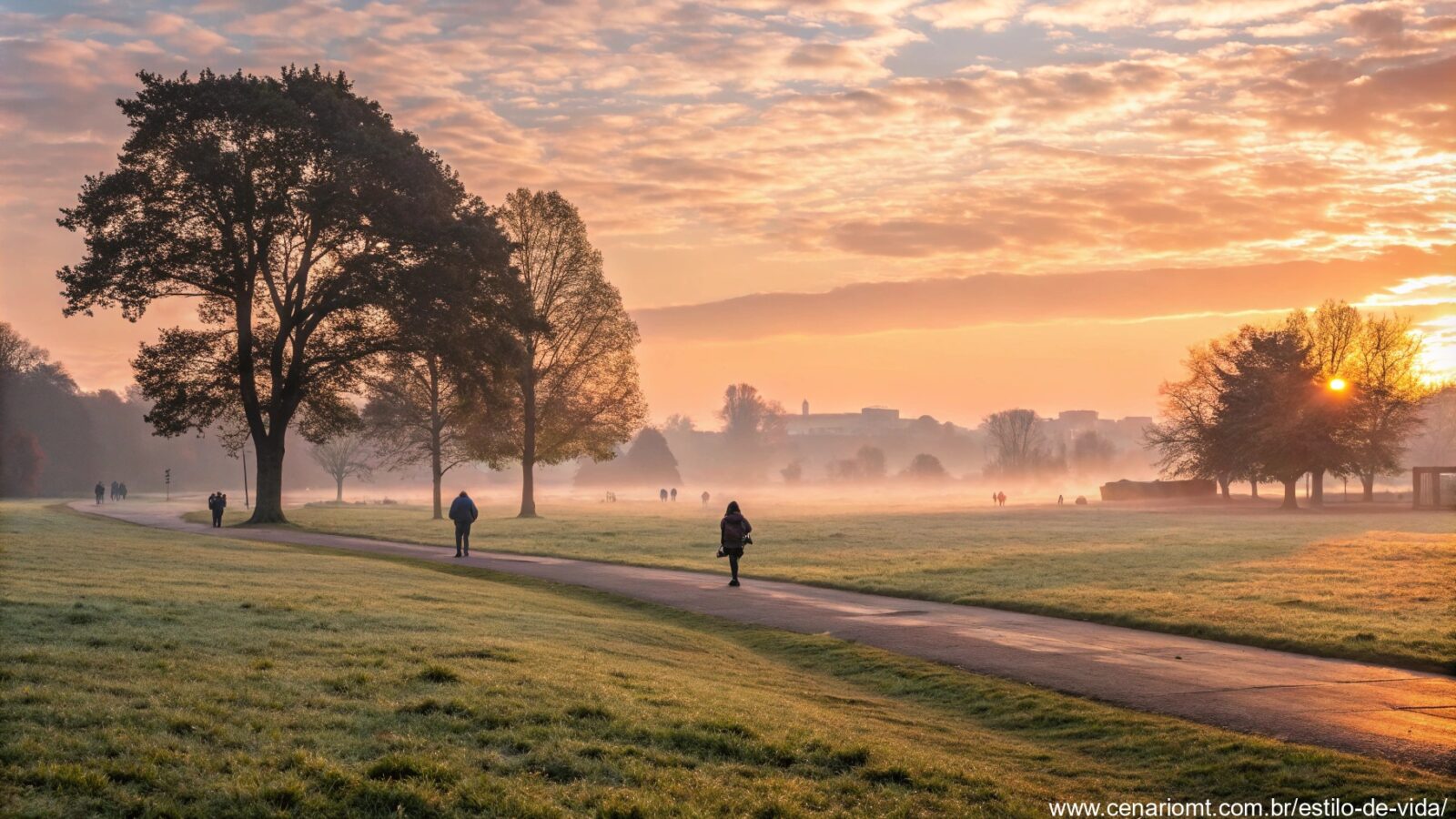 imagem de um amanhecer tranquilo em um parque no sábado, transmitindo paz e inspiração
