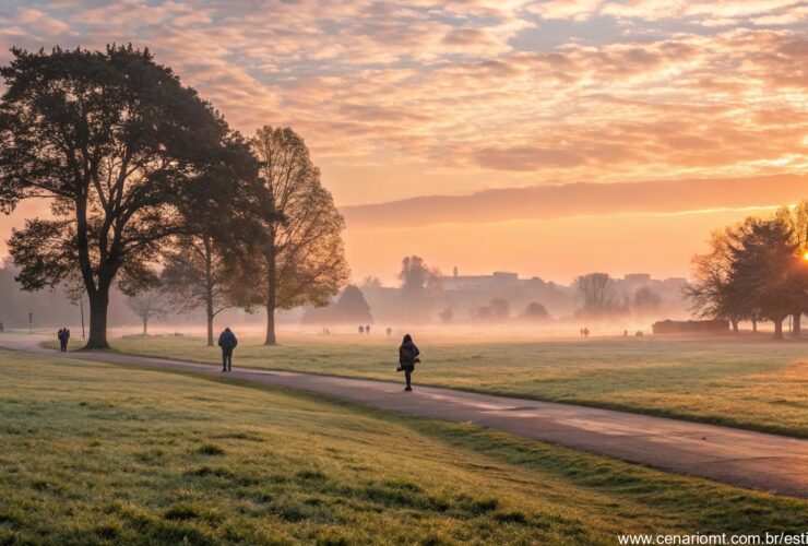 imagem de um amanhecer tranquilo em um parque no sábado, transmitindo paz e inspiração