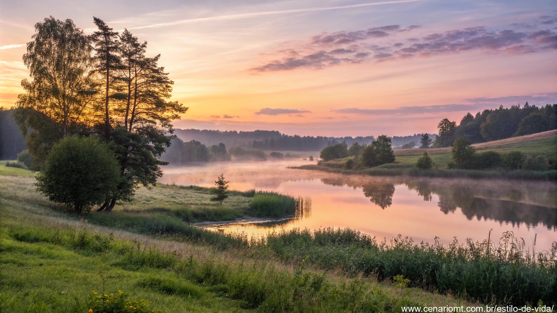 Imagem de um amanhecer tranquilo de sábado com paisagem serena e inspiradora.