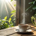 imagem de um amanhecer tranquilo com raios de sol entrando pela janela e uma xícara de café sobre uma mesa