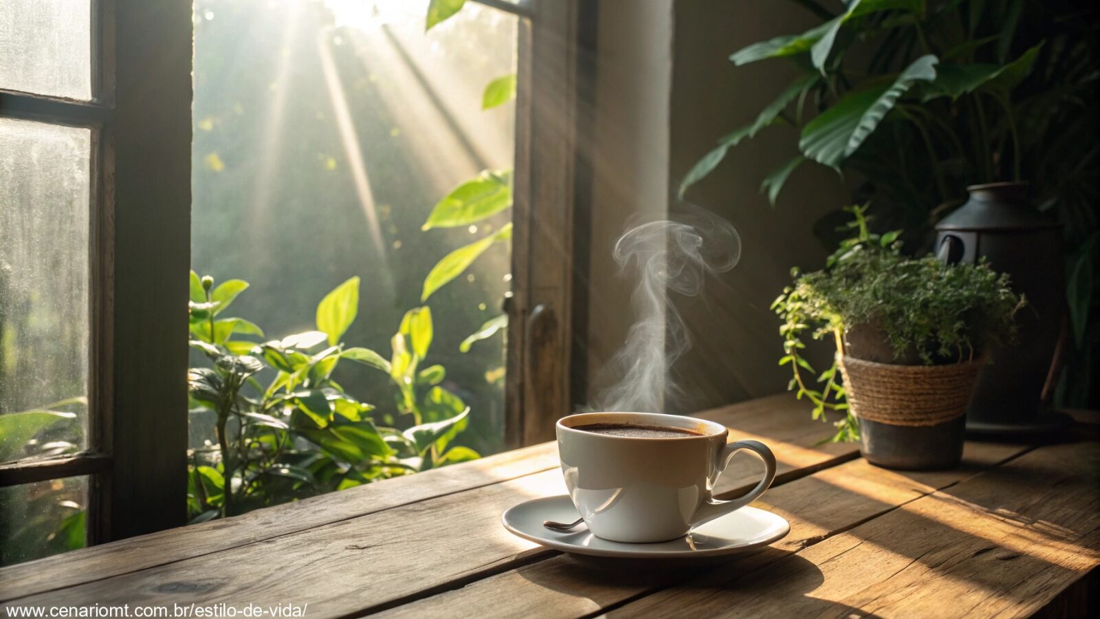 imagem de um amanhecer tranquilo com raios de sol entrando pela janela e uma xícara de café sobre uma mesa