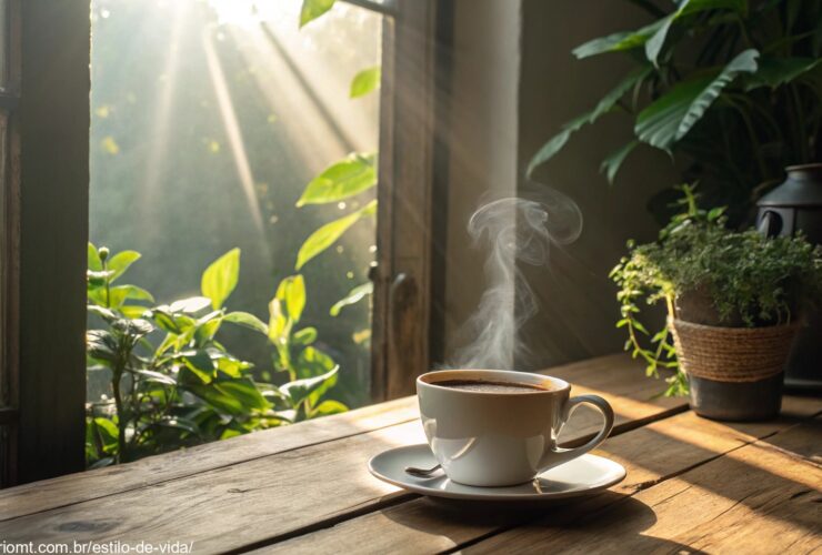 imagem de um amanhecer tranquilo com raios de sol entrando pela janela e uma xícara de café sobre uma mesa