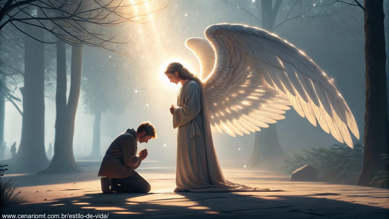imagem de um Anjo da Guarda oferecendo proteção com luz suave e atmosfera serena