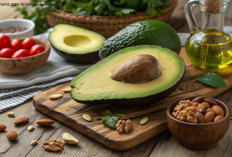 imagem de um abacate cortado ao meio mostrando a polpa verde e o caroço