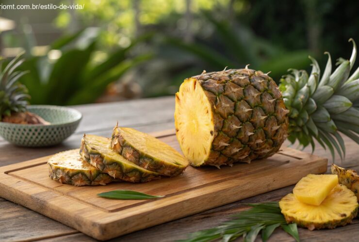 Imagem de um abacaxi inteiro ao lado de fatias frescas em uma tábua de madeira