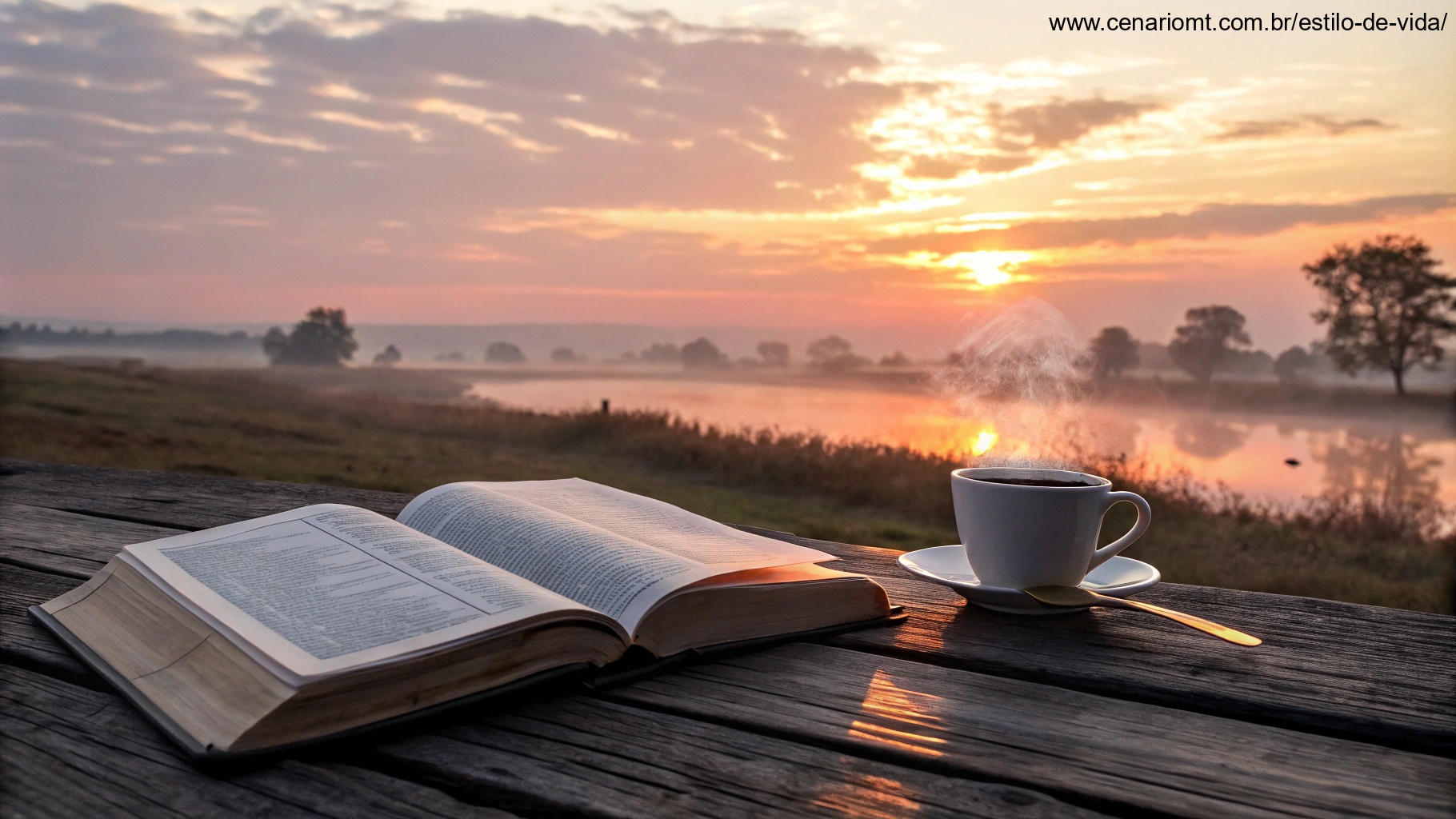 Imagem de uma Bíblia aberta ao lado de uma xícara de café ao amanhecer