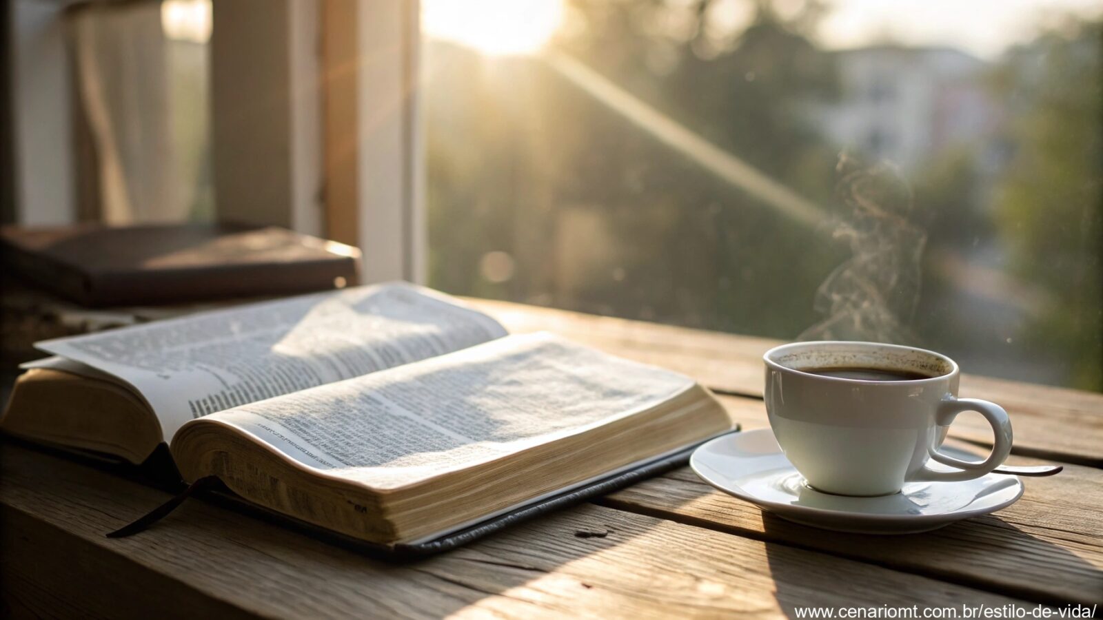 Imagem de uma Bíblia aberta ao lado de uma xícara de café, com luz do sol iluminando suavemente o ambiente.