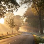 imagem de uma manhã tranquila de segunda-feira com luz suave e estrada simbolizando recomeços e motivação para a semana