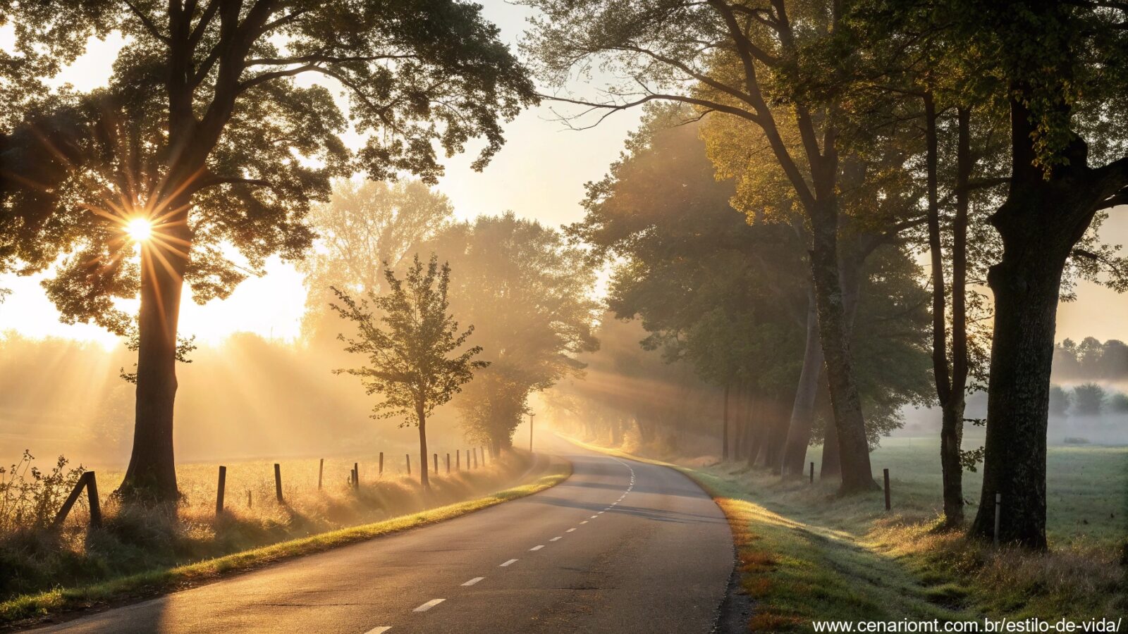 imagem de uma manhã tranquila de segunda-feira com luz suave e estrada simbolizando recomeços e motivação para a semana