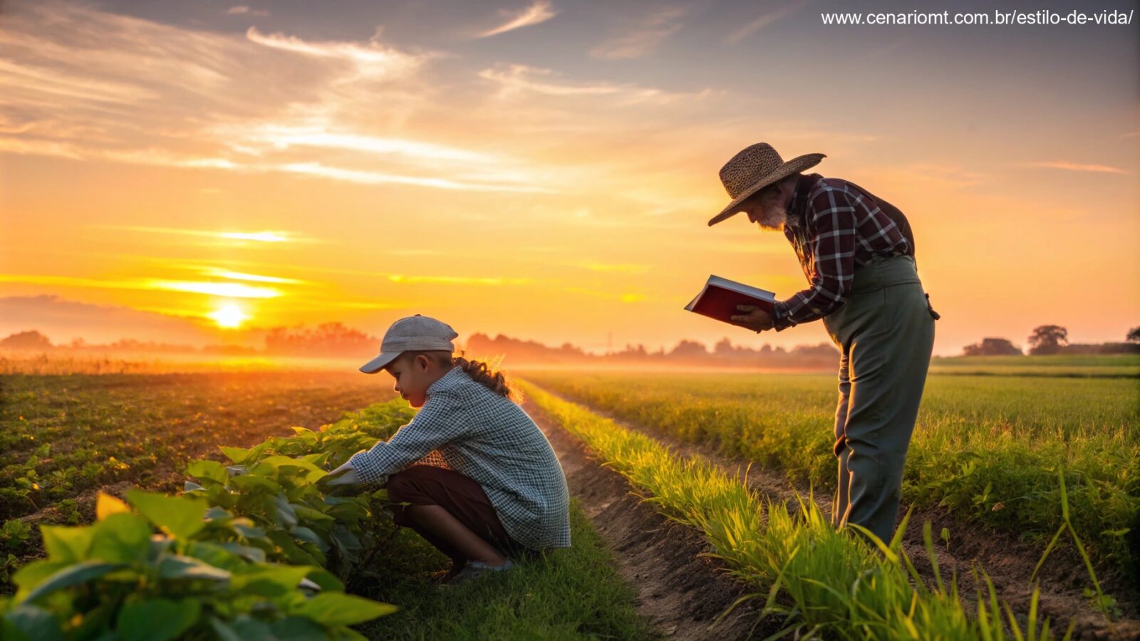 Imagem de um campo rural ao amanhecer com profissionais representando a neuropsicopedagogia e a extensão rural.