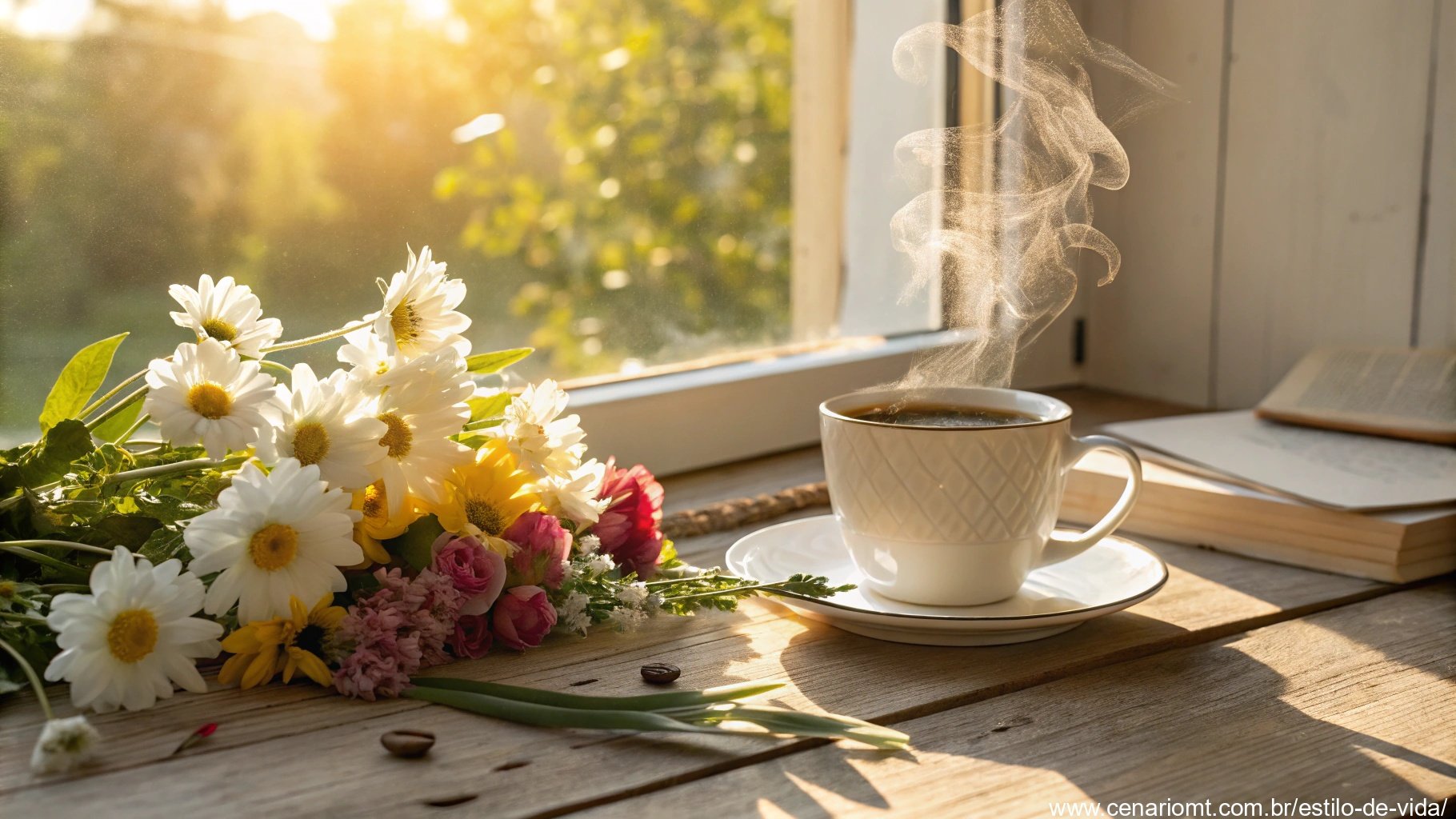 imagem de uma xícara de café cercada por flores ao sol da manhã, transmitindo carinho e positividade