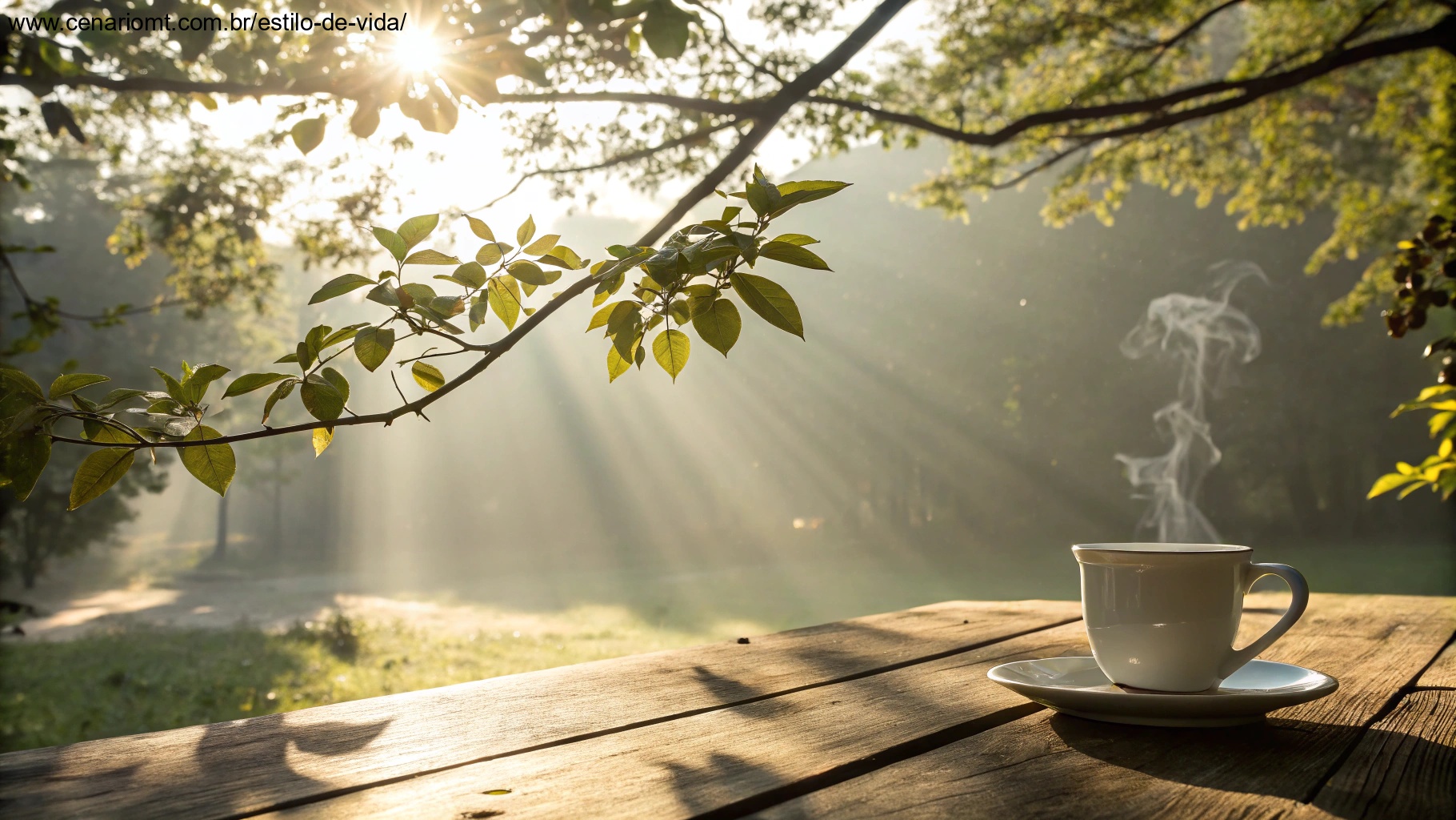 Imagem de um café da manhã tranquilo ao sol, representando amor e positividade