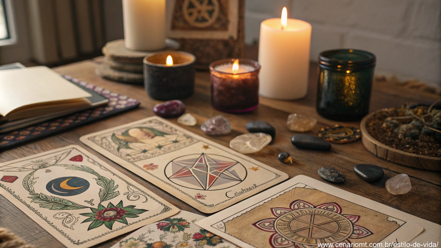 Imagem de cartas de tarot com velas e cristais, simbolizando sorte, amor, saúde, dinheiro e família.