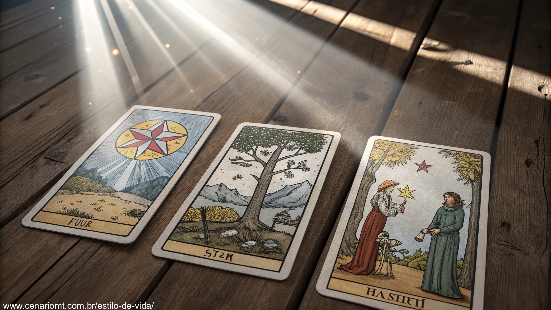 Imagem de cartas de tarot dispostas em uma mesa de madeira com destaque para A Estrela, A Temperança e O Enforcado.