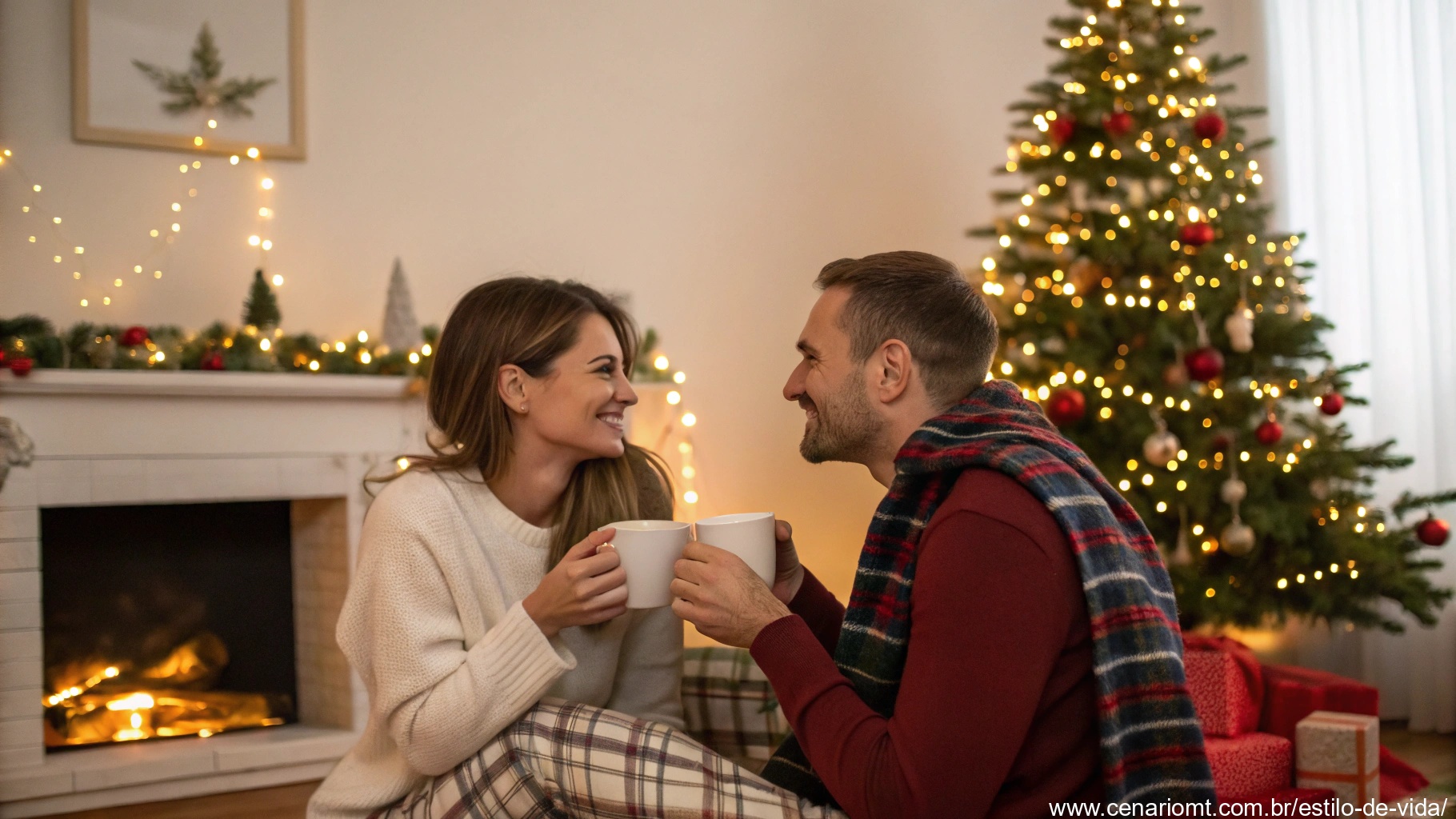 imagem de um casal apaixonado em uma manhã de Natal aconchegante