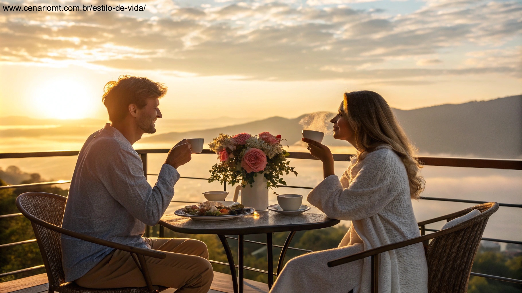 imagem de um casal tomando café da manhã em uma varanda ao nascer do sol, representando amor e conexão