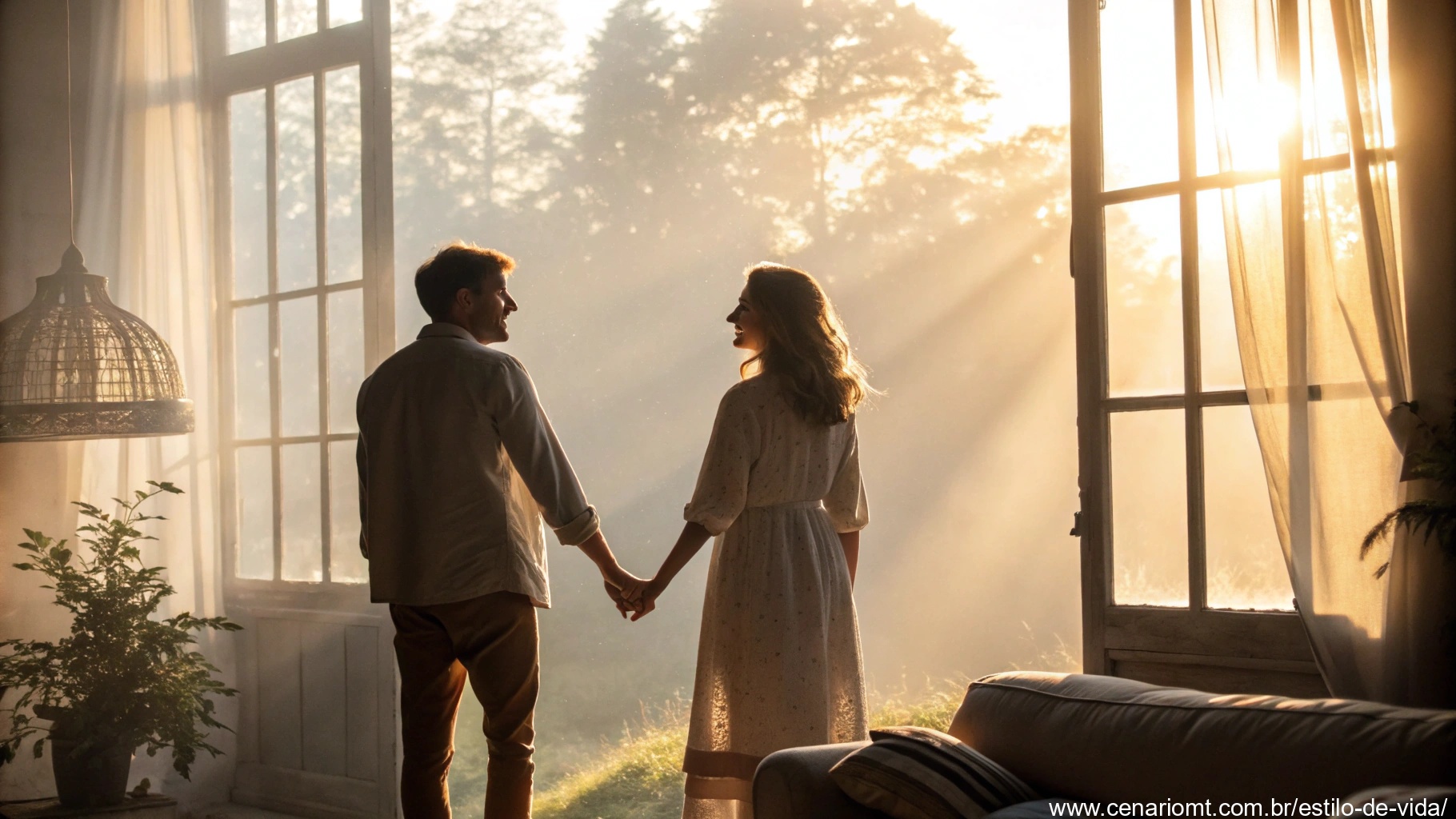 Imagem de um casal segurando as mãos em uma manhã iluminada pelo sol, representando conexão emocional e amor.
