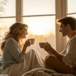 imagem romântica de casal tomando café pela manhã perto da janela em um dia ensolarado