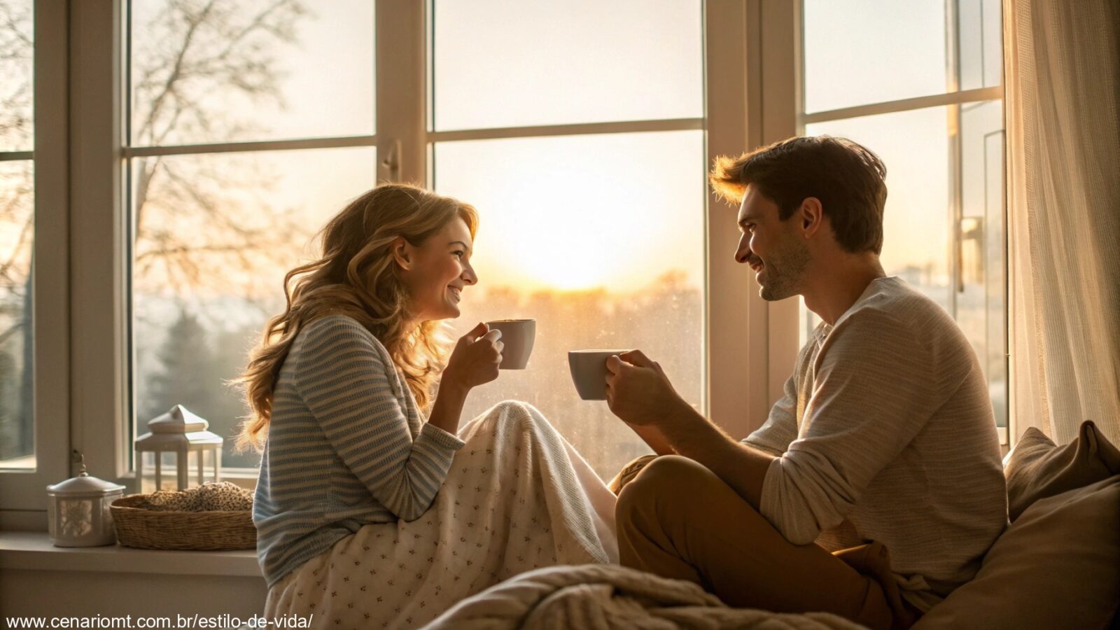 imagem romântica de casal tomando café pela manhã perto da janela em um dia ensolarado