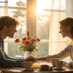 Imagem de um casal apaixonado tomando café da manhã em uma manhã ensolarada.