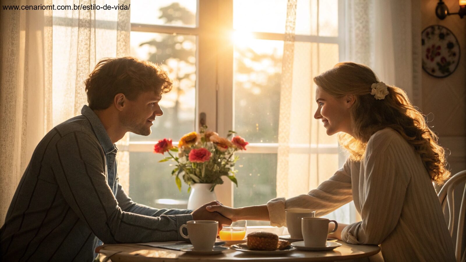 Imagem de um casal apaixonado tomando café da manhã em uma manhã ensolarada.