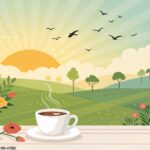 imagem de um cenário sereno de manhã com sol nascente e café em uma terça-feira