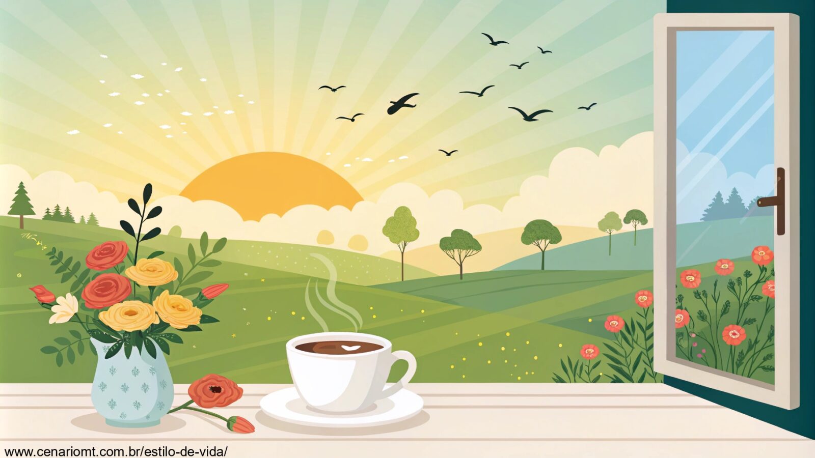 imagem de um cenário sereno de manhã com sol nascente e café em uma terça-feira