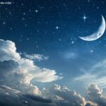Imagem de um céu noturno com lua crescente e estrelas brilhantes, simbolizando uma noite tranquila.