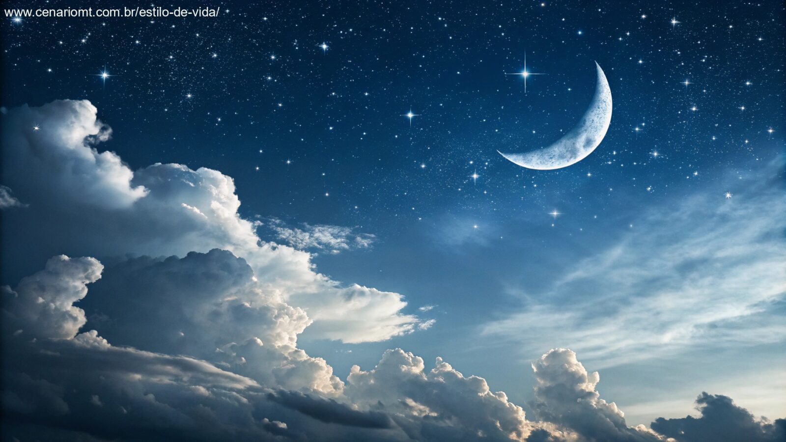 Imagem de um céu noturno com lua crescente e estrelas brilhantes, simbolizando uma noite tranquila.