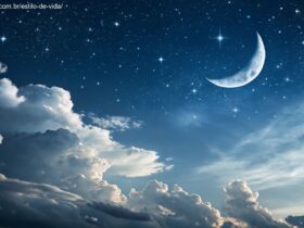 Imagem de um céu noturno com lua crescente e estrelas brilhantes, simbolizando uma noite tranquila.