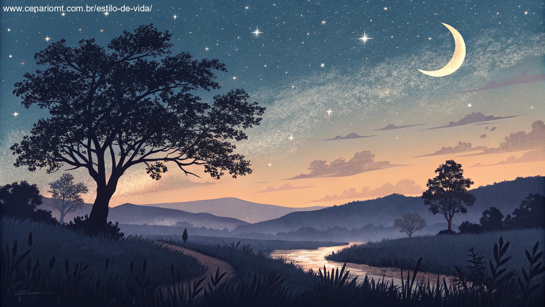 Imagem de um céu noturno estrelado com uma lua crescente iluminando uma paisagem tranquila