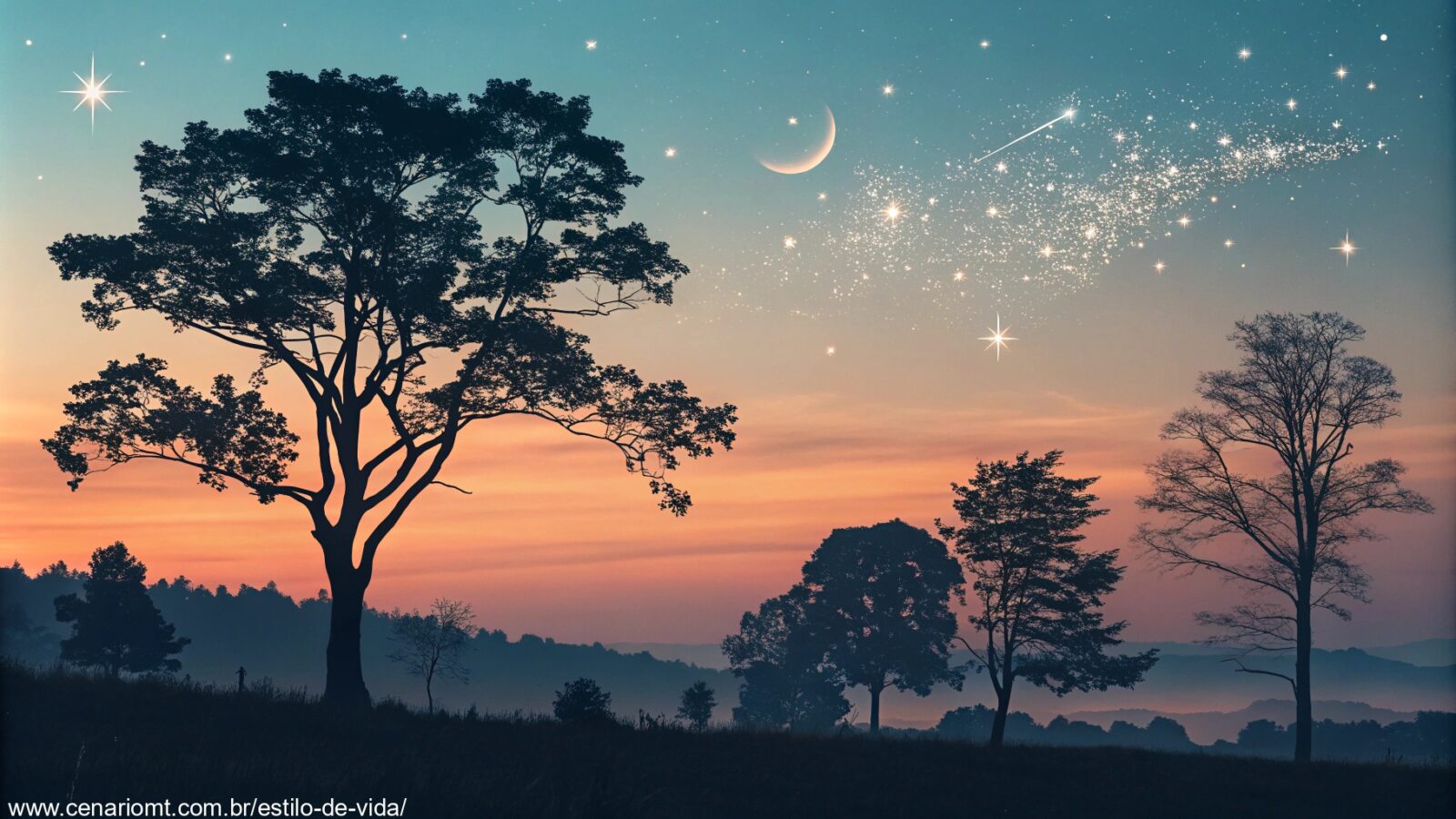 imagem de um céu de quarta-feira à noite com um gradiente suave e árvores ao fundo